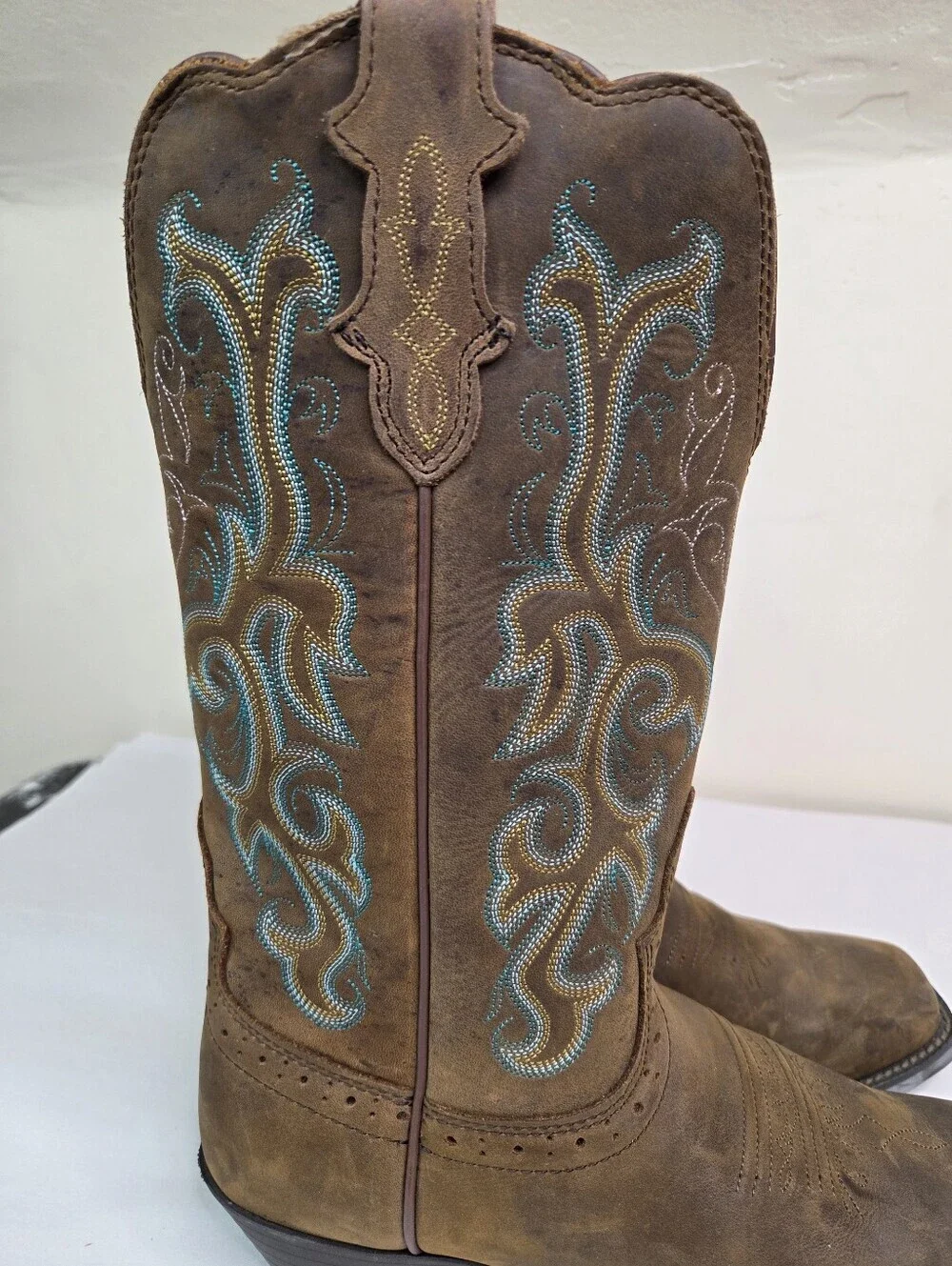Justin Boots Brown Leather Western Cowboy Boots Embroidered Square Toe  8.5B